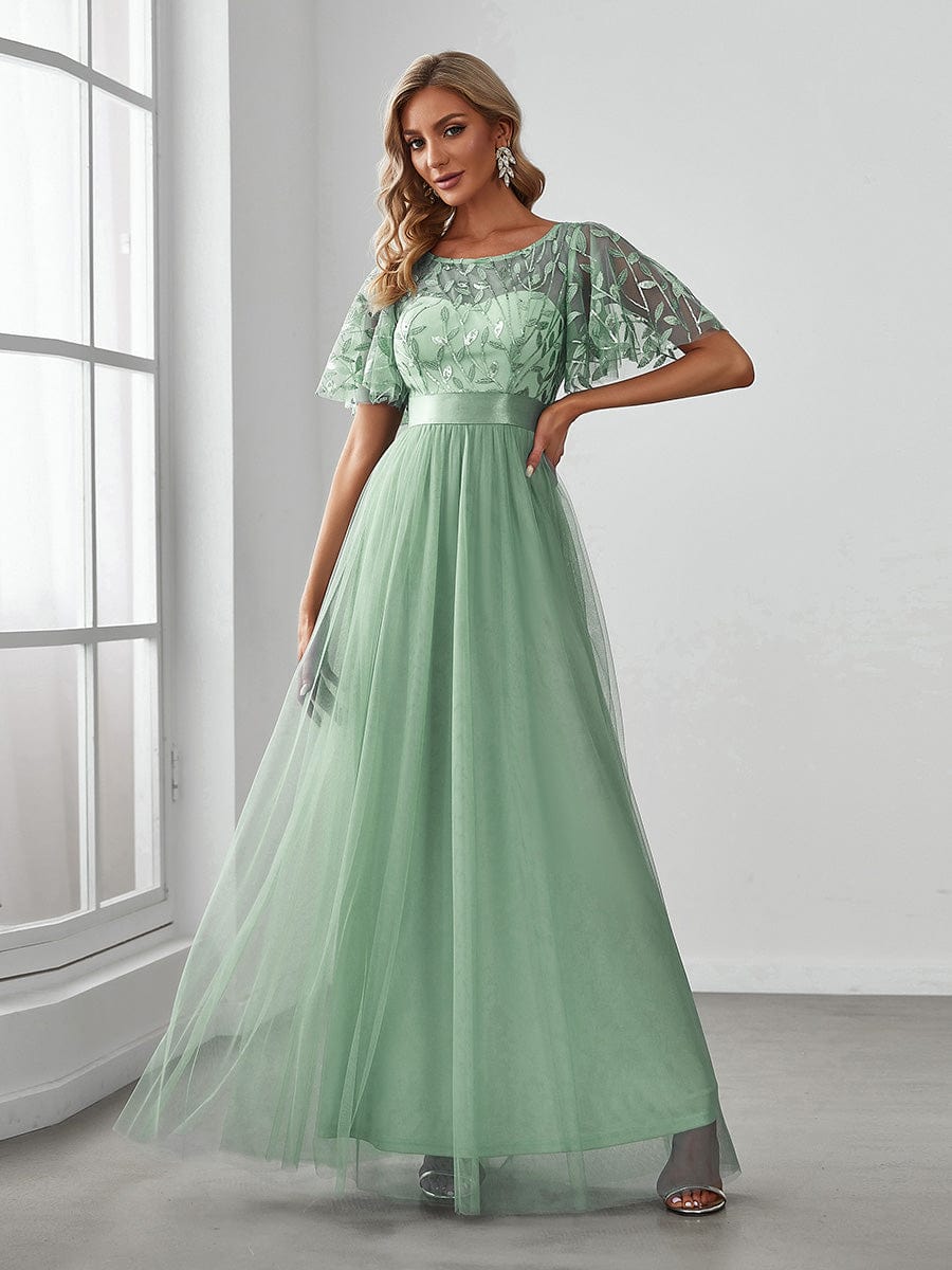 Women's A-Line Short Sleeve Embroidery Floor Length Wedding Guest Dresses