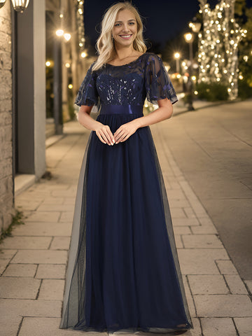 Round Neck Tulle & Sequin Navy Blue Prom Dress