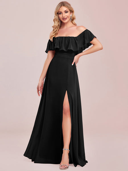 Off-The-Shoulder Thigh Split Black Bridesmaid Dresses