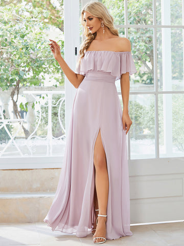Off The Shoulder Maxi Dresses With Side Split in Lilac