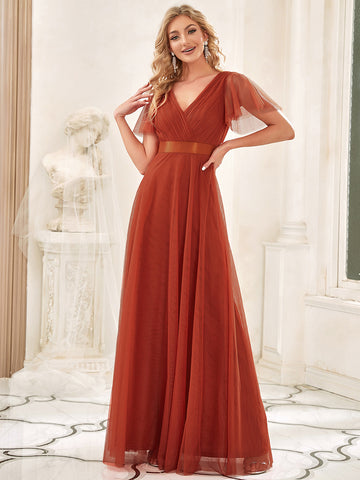 Double V-Neck Tulle Bridesmaid Dress in Burnt Orange