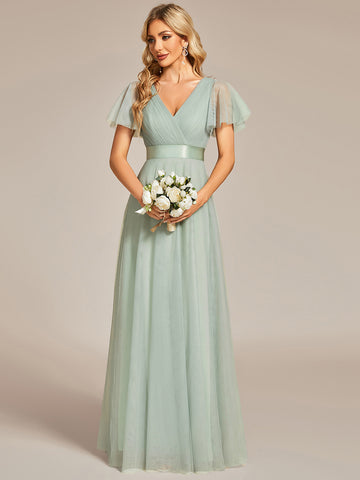 V-Neck A-Line Tulle Dress with Short Sleeves in Sage