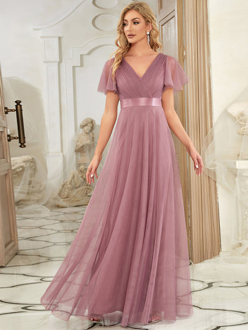 Double V-Neck Dark Pink Bridesmaid Dress