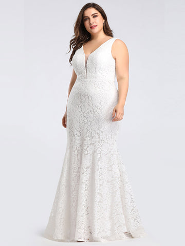 Dainty Deep V Neck Sleeveless Fishtail Lace Wedding Dress