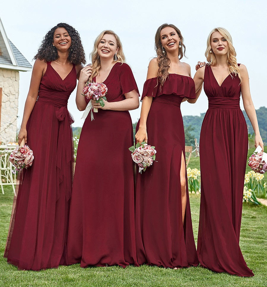 mixing and matching burgundy bridesmaid dresses