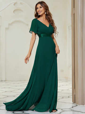 Long Empire Waist Bridesmaid Dress with Short Flutter Sleeves