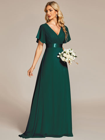 Empire Waist Bridesmaid Dress with Short Flutter Sleeves in Dark Green