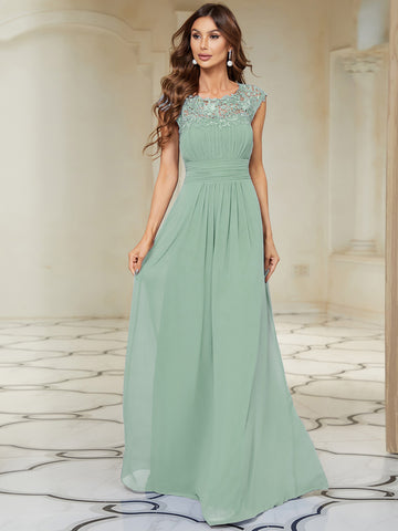 Lace Overlay Cap Sleeve A-Line Chiffon Dress in Sage