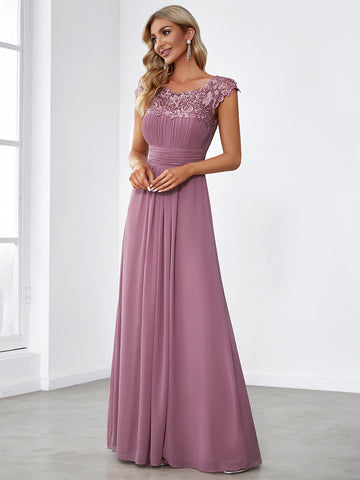 Elegant Maxi Long Lace Cap Sleeve Bridesmaid Dress