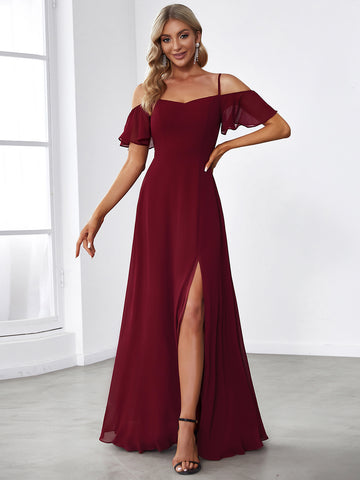 Cold-Shoulder Floor Length Bridesmaid Dress with Side Slit in Burgundy