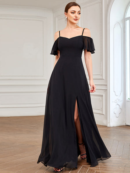 Spagetti Straps High Split Black Bridesmaid Dress