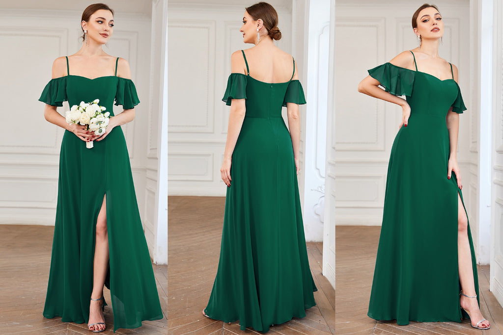 cold-shoulder emerald green bridesmaid dress