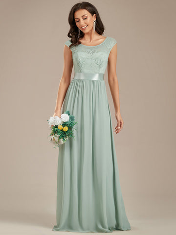 Lace Bodice Satin Waist Chiffon Skirt A-Line Dress in Sage