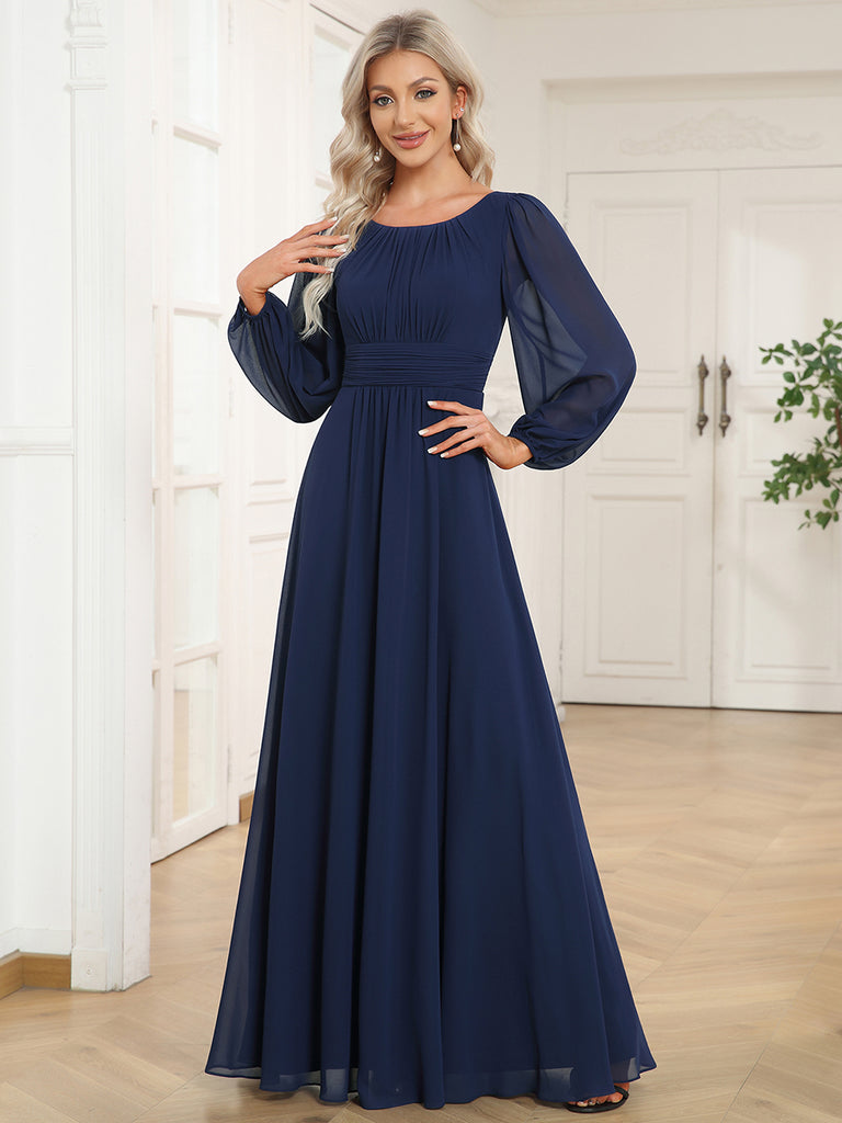 Chiffon Long Sleeve Pleated Floor Length Dress