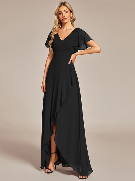 Black Bridesmaid Dress with Lotus Leaf Hemline