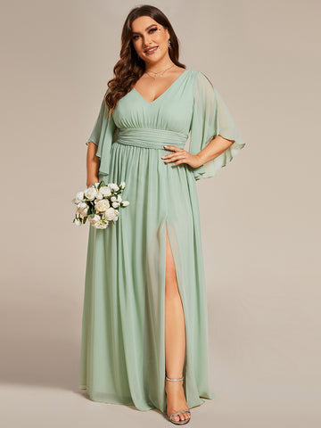 Plus Size Half Sleeve Chiffon A-Line Dress with Side Slit in Sage