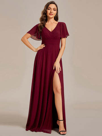 See-Through Back High Slit Chiffon Bridesmaid Dress in Burgundy