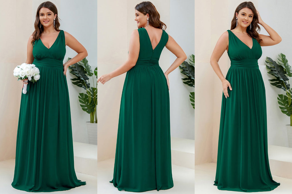 V-neckline emerald green bridesmaid gown