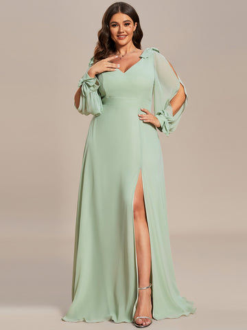 Plus Size Split Long Sleeve V-Neck Bridesmaid Dress