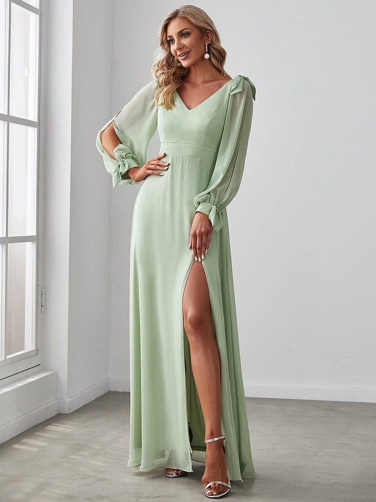 Gentle Split Low Back Thigh Slit Long Sleeve Wedding Guest Dress