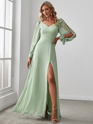Long Split Sleeve Chiffon Dress with Shoulder and Cuff Bow Ties in Sage