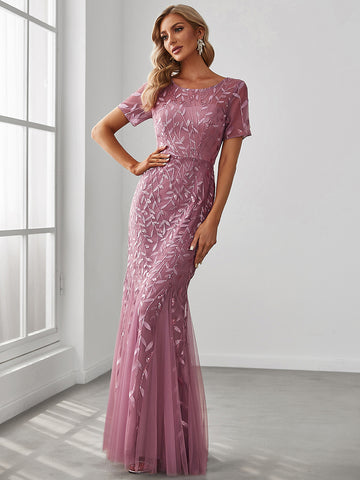 Leaf Design Sequin Maxi Long Fishtail Tulle Prom Dress in purple orchid