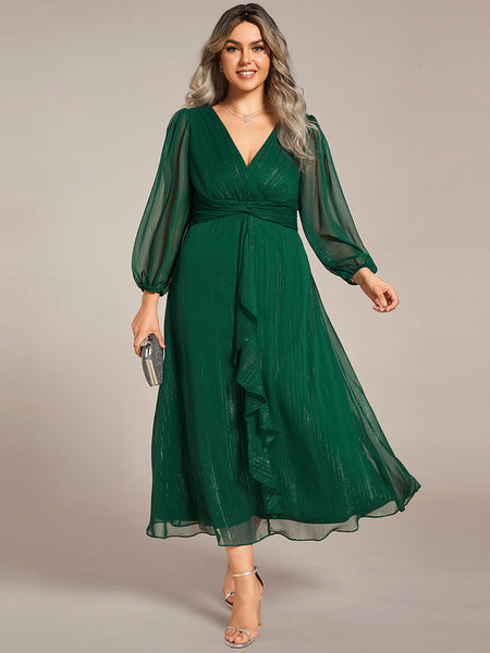 long sleeve glitter midi dress in dark green