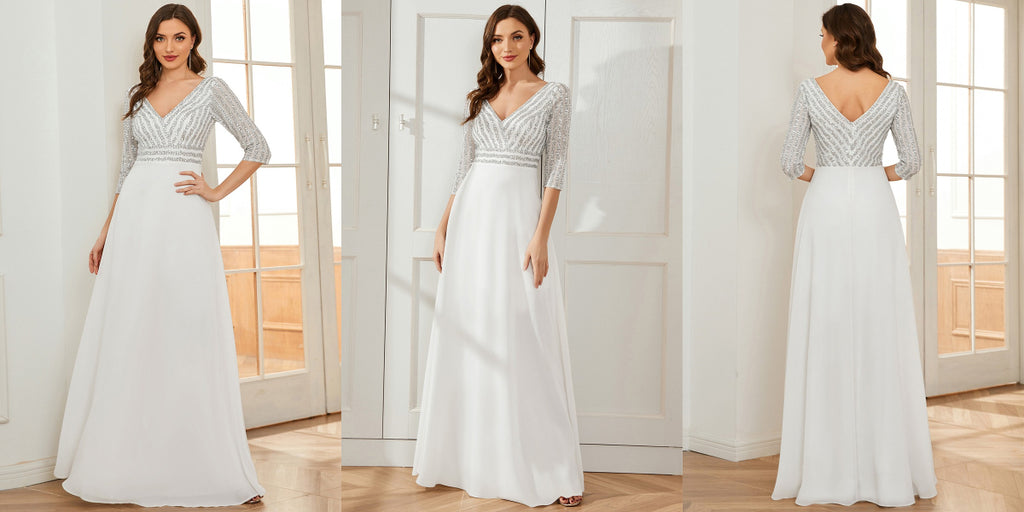 3/4 sleeve sequin chiffon white dress