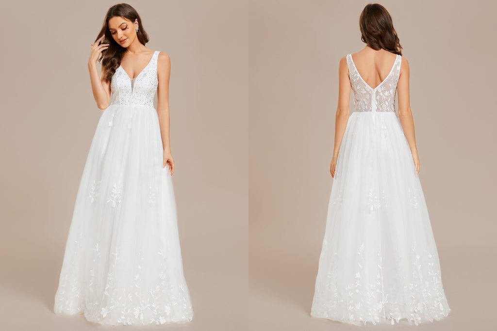 white gown with floral applique