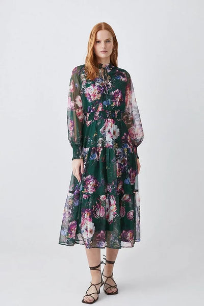 high neck floral print dress