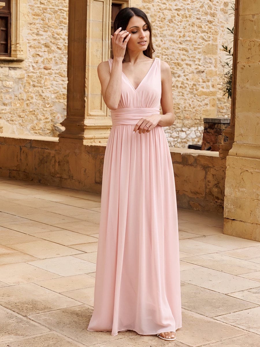 V Neck Sleeveless Pleated Chiffon Evening Dress