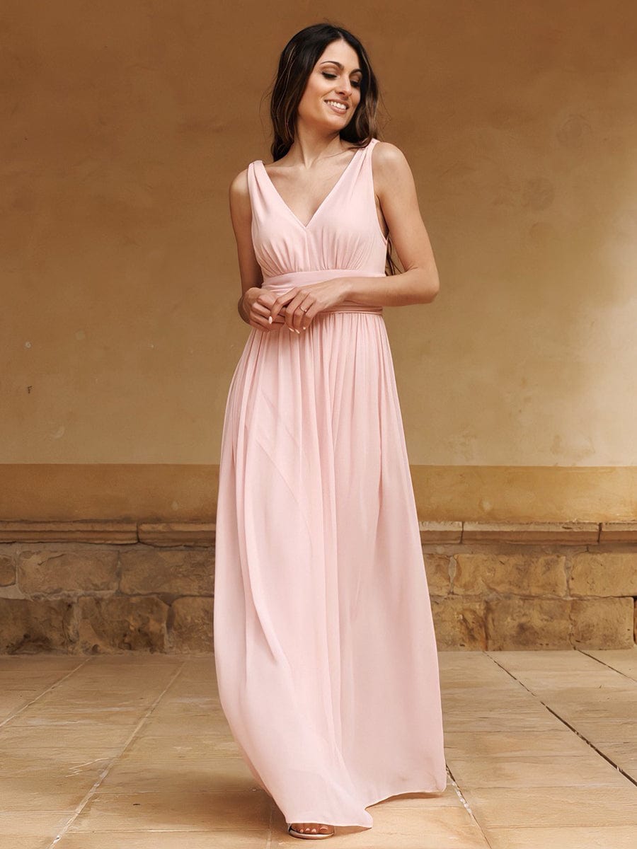 V Neck Sleeveless Pleated Chiffon Evening Dress