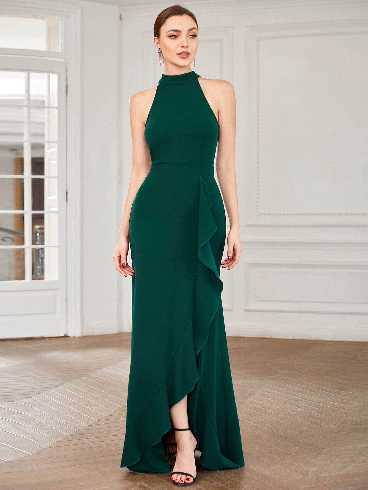 Halter Neck Sleeveless Side Slit Evening Dress