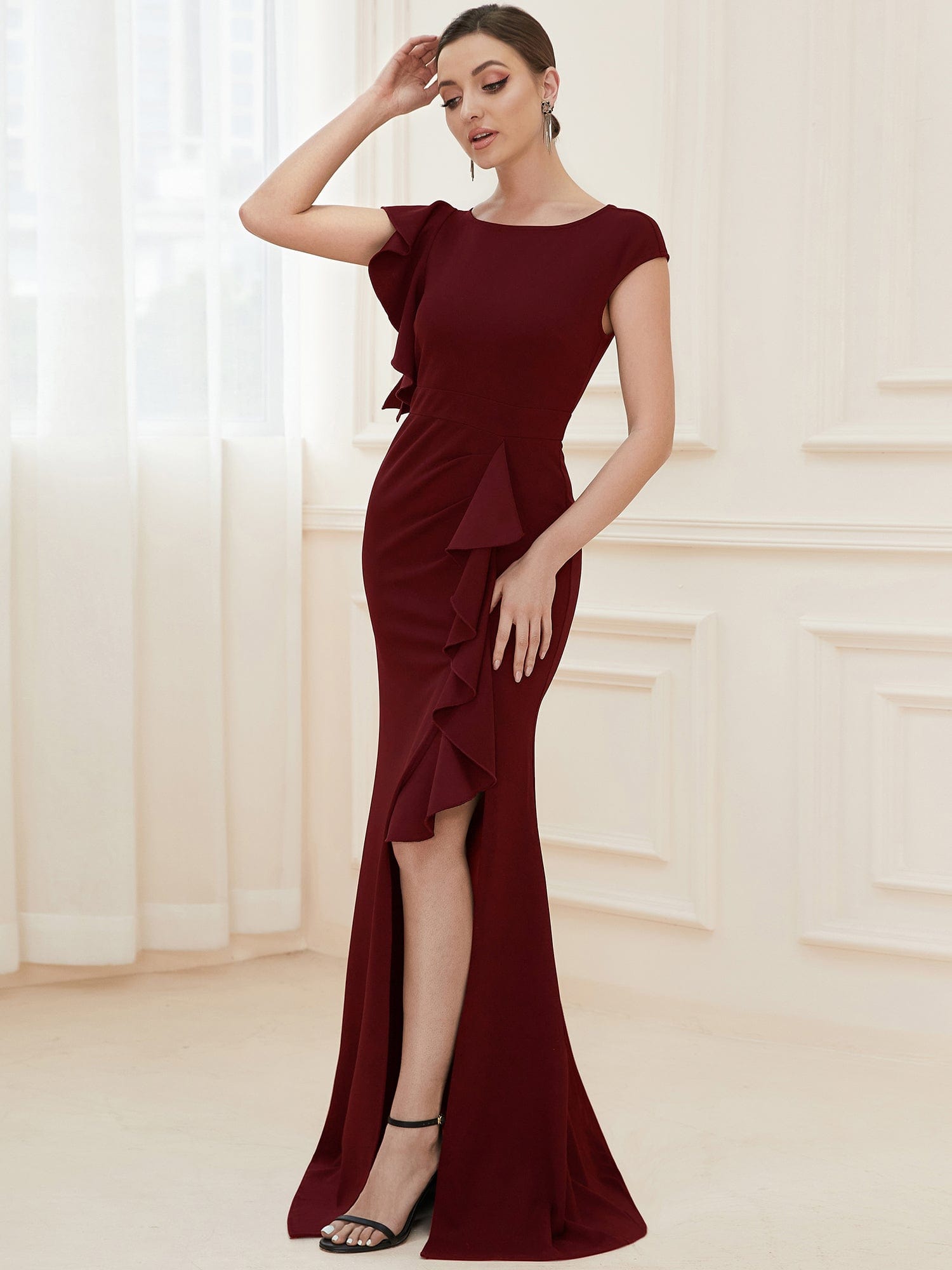 Elegant Cap Sleeve Side Slit Evening Gown with Ruffles