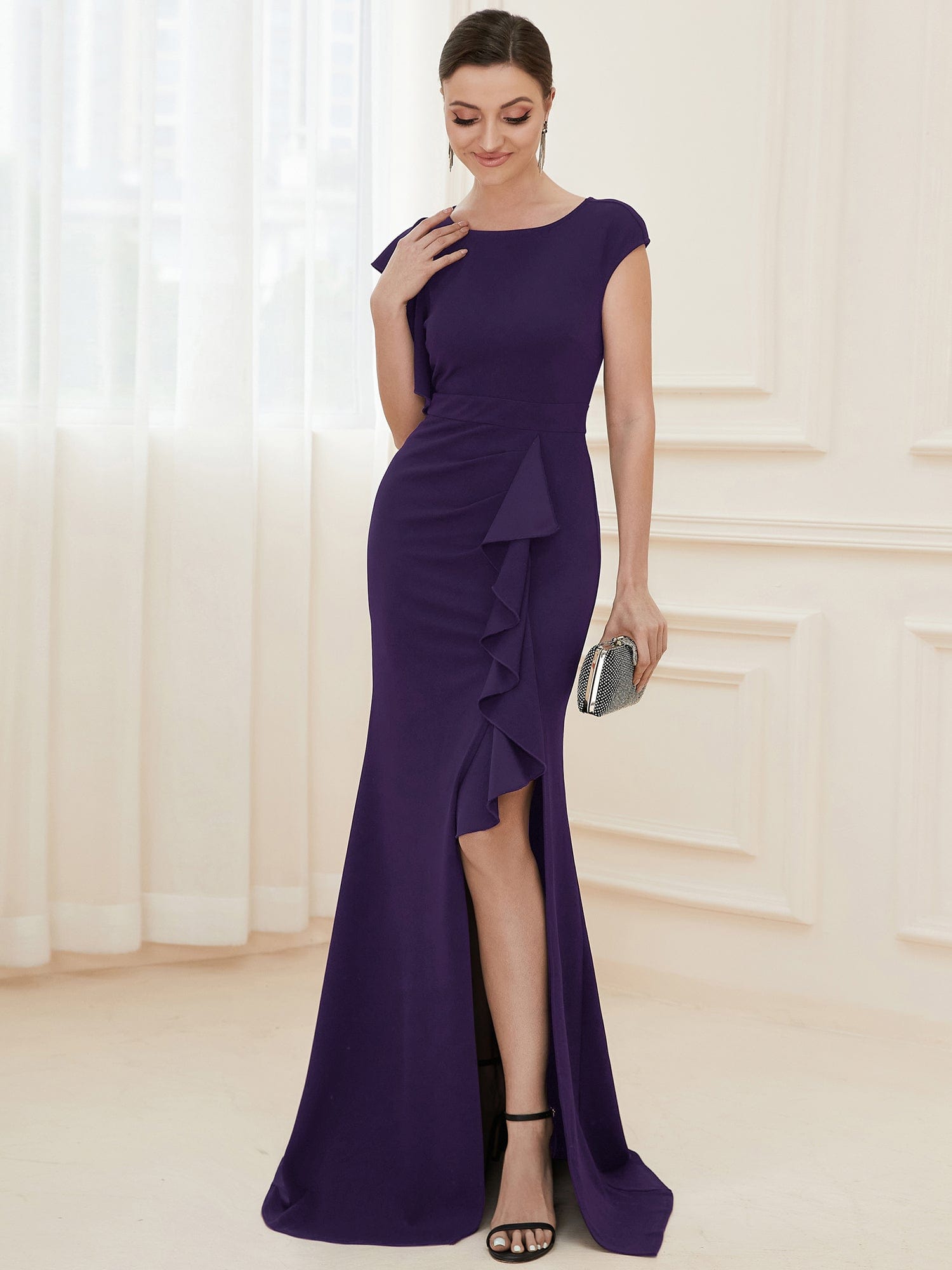 Elegant Cap Sleeve Side Slit Evening Gown with Ruffles