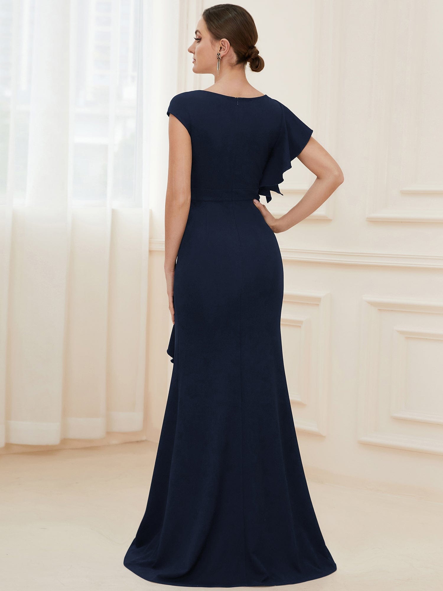 Elegant Cap Sleeve Side Slit Evening Gown with Ruffles