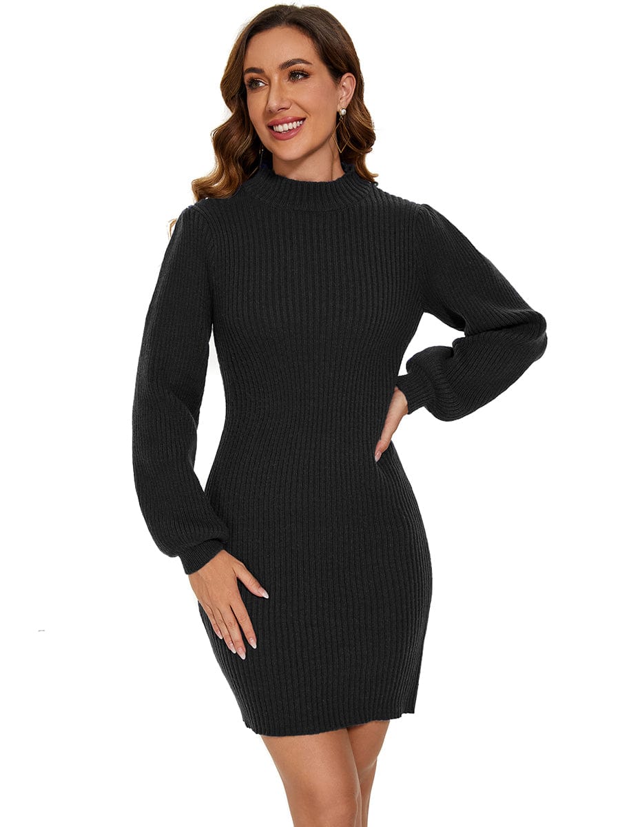 Ribbed Knit Long Lantern Sleeve Bodycon Sweater Dress