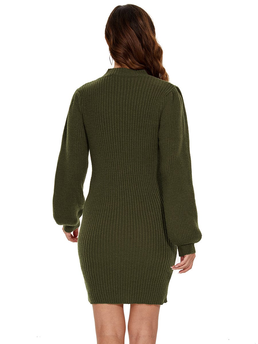 Ribbed Knit Long Lantern Sleeve Bodycon Sweater Dress