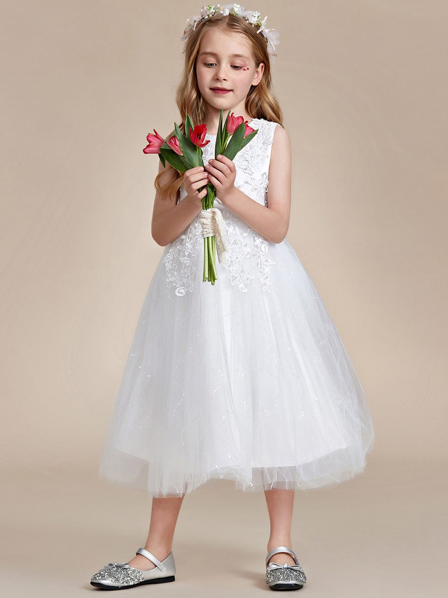 Gorgeous White Lace and Tulle Flower Girl Dress with Flower Appliques