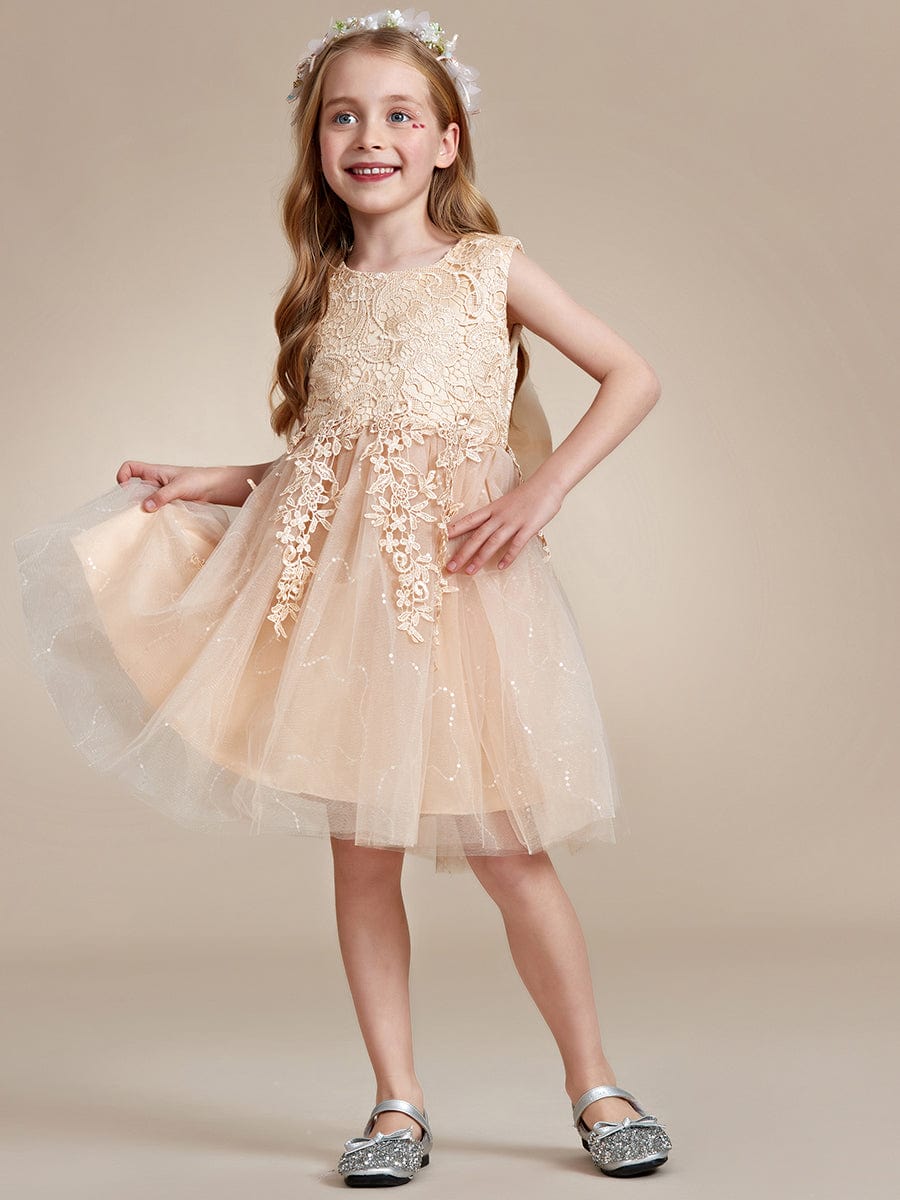 Elegant Lace Embroidered A-Line Flower Girl Dress with Bowknot and Sleeveless