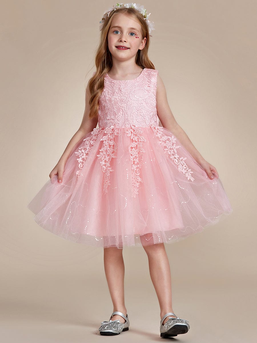 Elegant Lace Embroidered A-Line Flower Girl Dress with Bowknot and Sleeveless