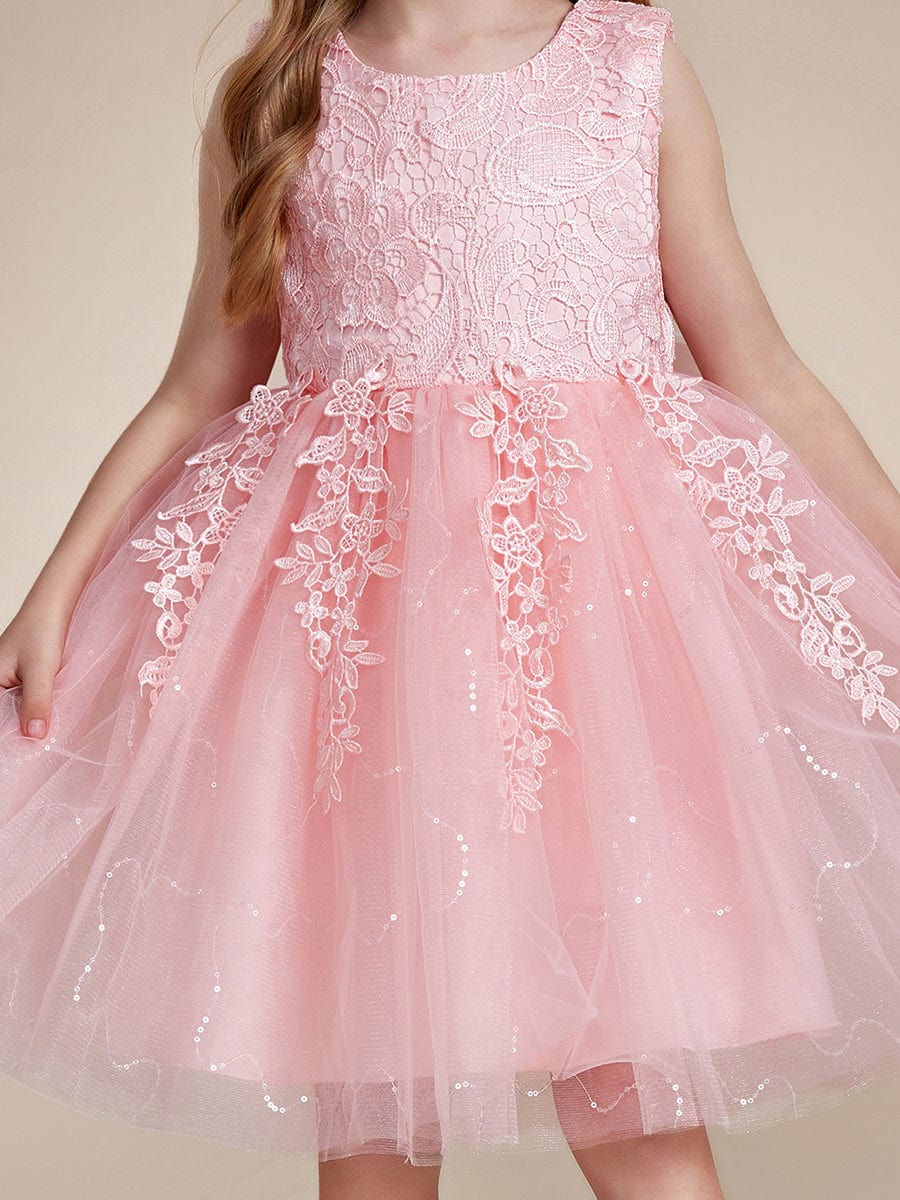 Elegant Lace Embroidered A-Line Flower Girl Dress with Bowknot and Sleeveless