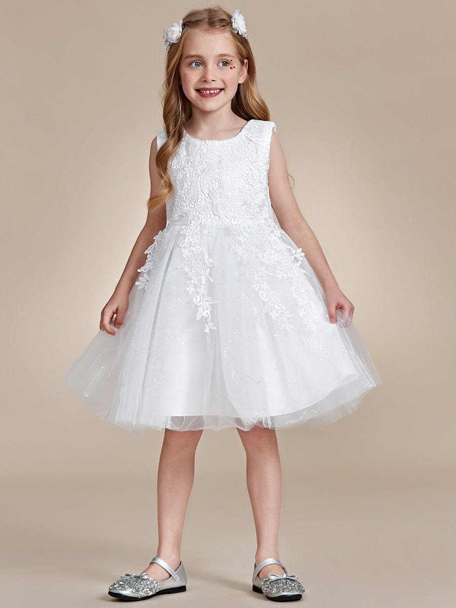 Elegant Lace Embroidered A-Line Flower Girl Dress with Bowknot and Sleeveless