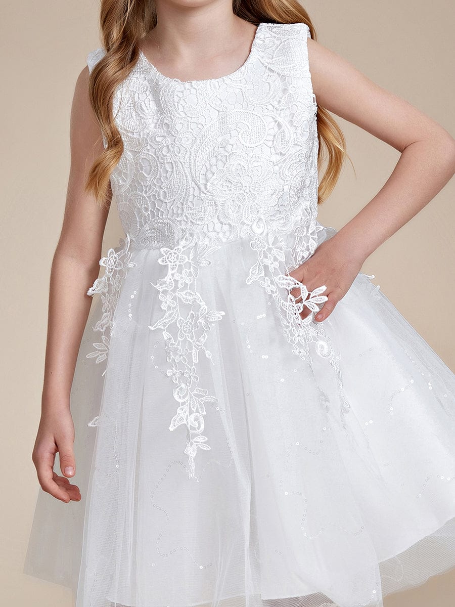 Elegant Lace Embroidered A-Line Flower Girl Dress with Bowknot and Sleeveless