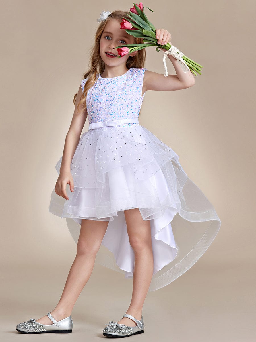 Sparkling Glitter High Low A-Line Sleeveless Multi-Layered Tulle Flower Girl Dress