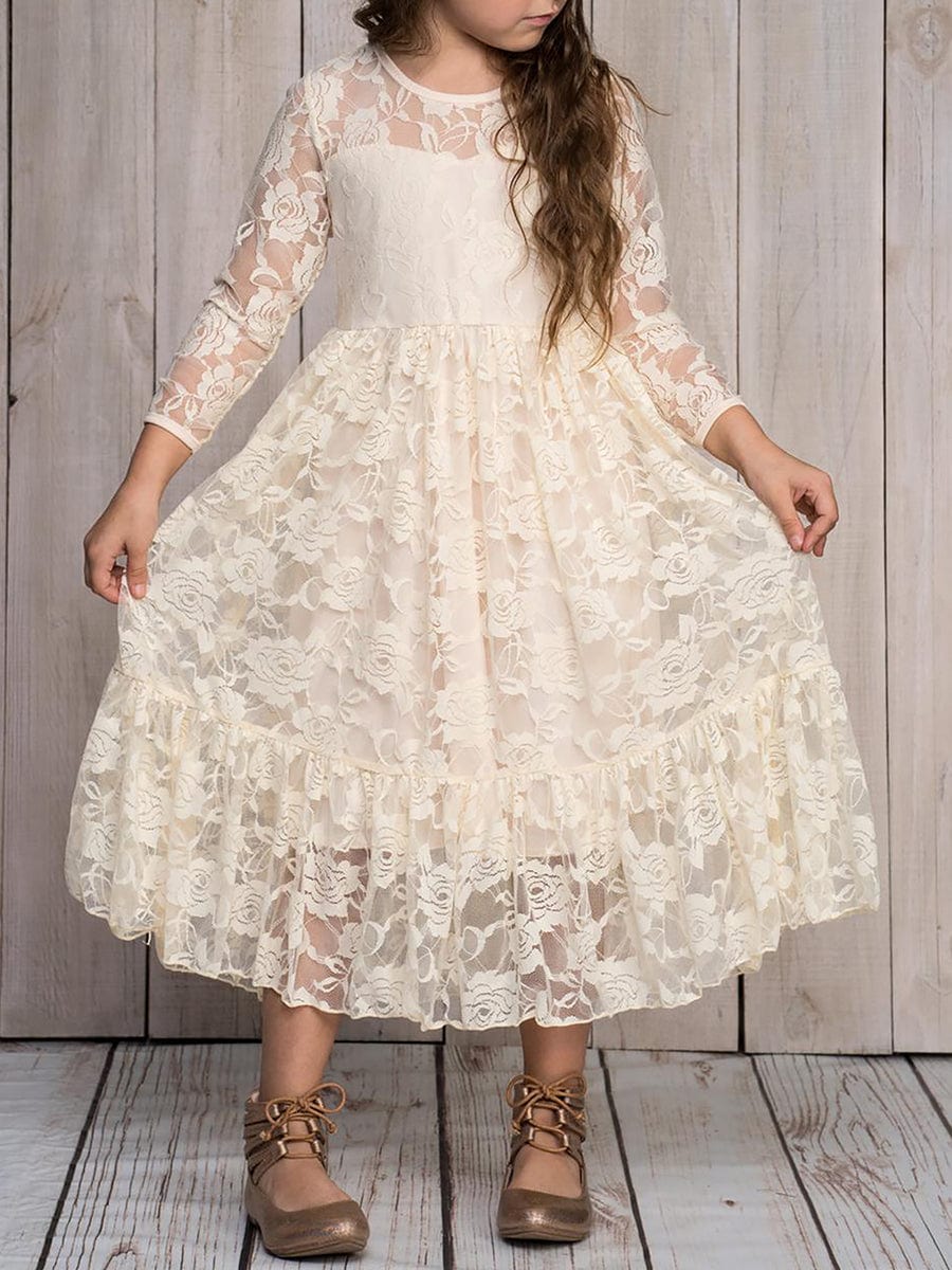 Elegant Lace Long-Sleeve Flower Girl Dress with Round Neckline