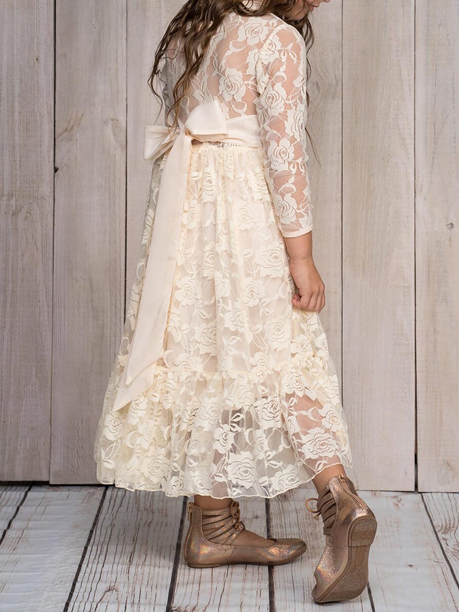 Elegant Lace Long-Sleeve Flower Girl Dress with Round Neckline