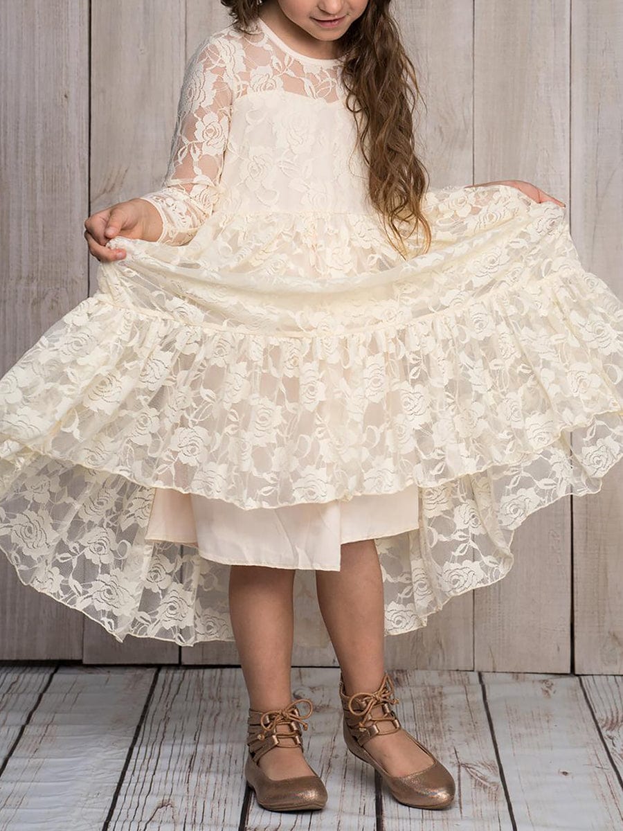 Elegant Lace Long-Sleeve Flower Girl Dress with Round Neckline