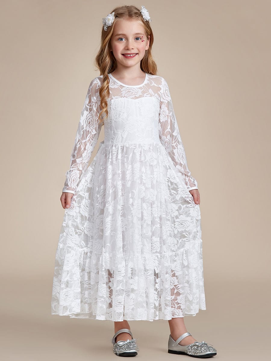 Elegant Lace Long-Sleeve Flower Girl Dress with Round Neckline