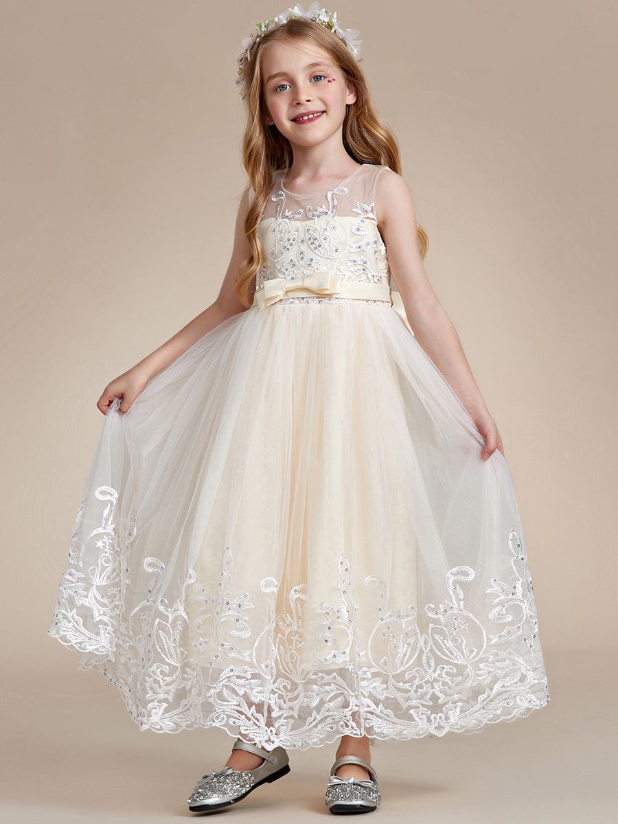 Elegant Lace Princess Dress for Flower Girl with Bowknot